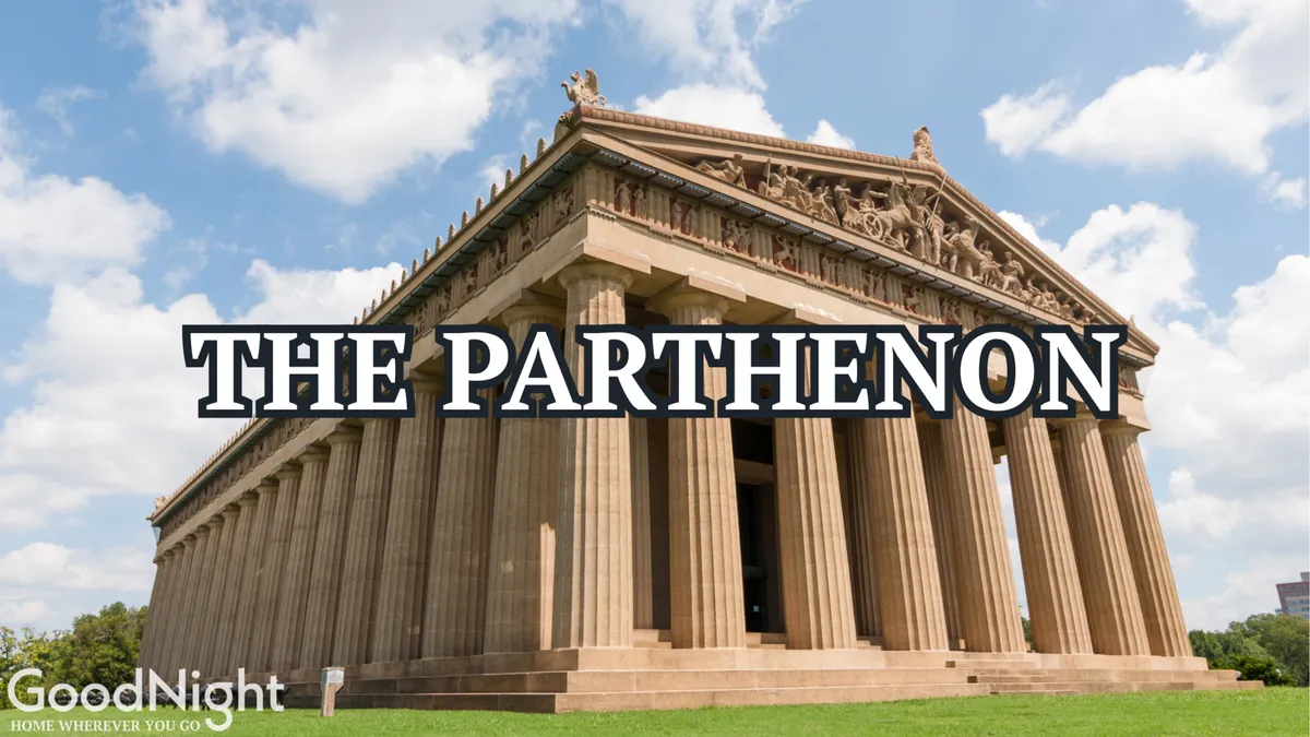 A grand exterior view of Nashville's Parthenon, with its intricate sculptures, classical columns, and impressive pediment set against the sky. The scene is lively with families and visitors capturing photos, highlighting the architectural and cultural significance of this local landmark.