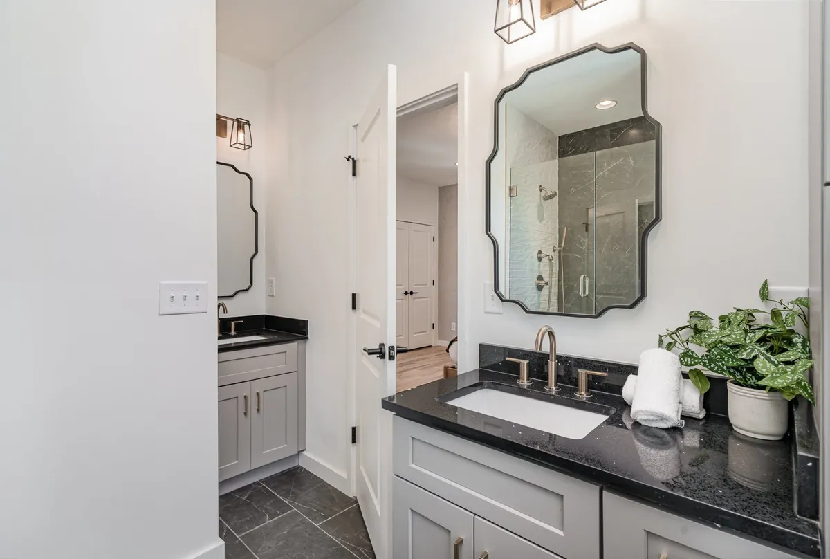 A bright and calming bathroom with a vanity sink, large mirrors, separate shower area, and contemporary lighting fixtures. A houseplant adds a touch of freshness to the serene space, ideal for personal routines.