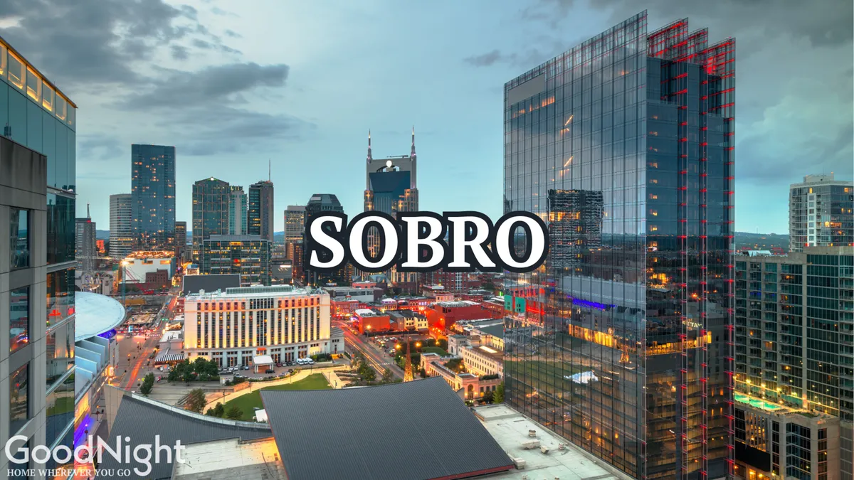 A sweeping view of Nashville’s city skyline at dusk, skyscrapers and buildings aglow with colorful lights. The urban landscape exudes vibrancy and offers a sense of panoramic possibility, echoing the rooftop deck experience described in the section.